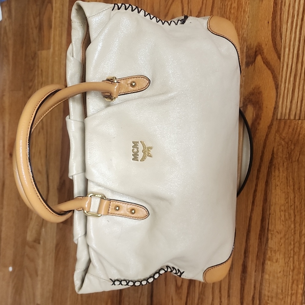 MCM Handbag Shoulder Bag Cream Calf Skin Leather
